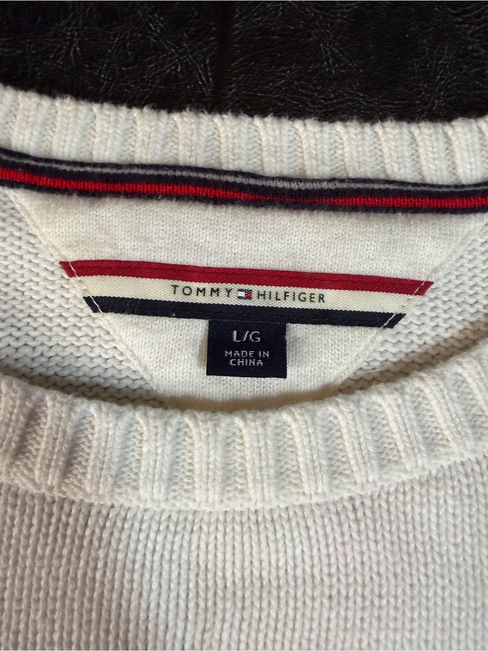 Tommy Hilfiger White Crewneck Sweater with Red & Navy Block - Picture 3 of 13